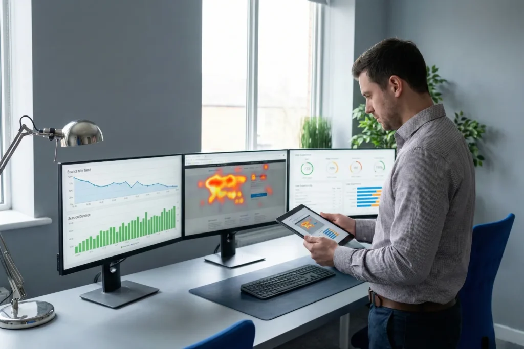 A male digital marketing analyst stands in front of three monitors that display bounce rate trends, session duration charts, and a colorful heatmap of user clicks. The data on the screens shows how businesses measure and improve website retention through analytics tools and performance reports.