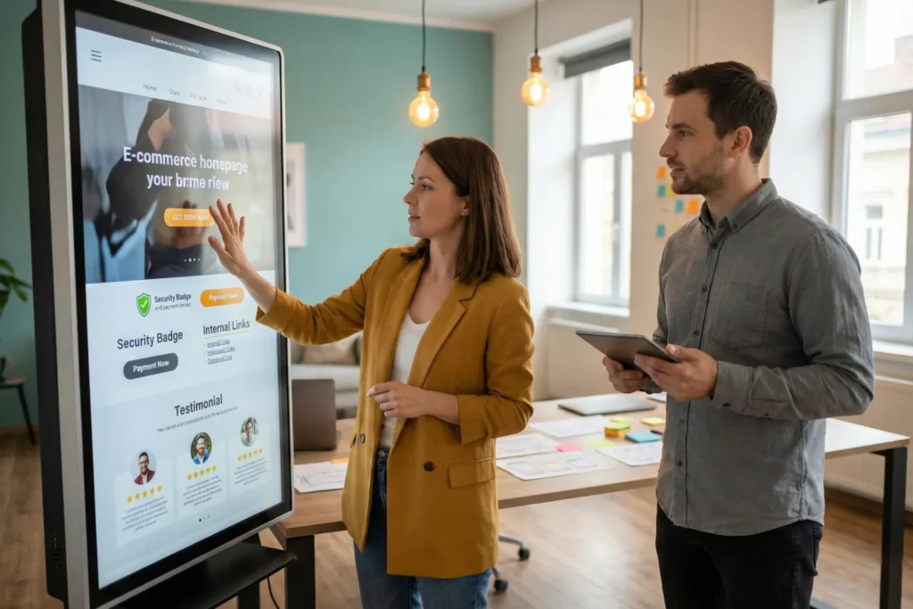 A woman UX consultant stands beside a large touchscreen that displays a homepage with a visible call-to-action button, customer reviews, security badge icons, and internal content links. The layout demonstrates strategic changes that improve website retention by building trust and guiding visitors to explore more pages.