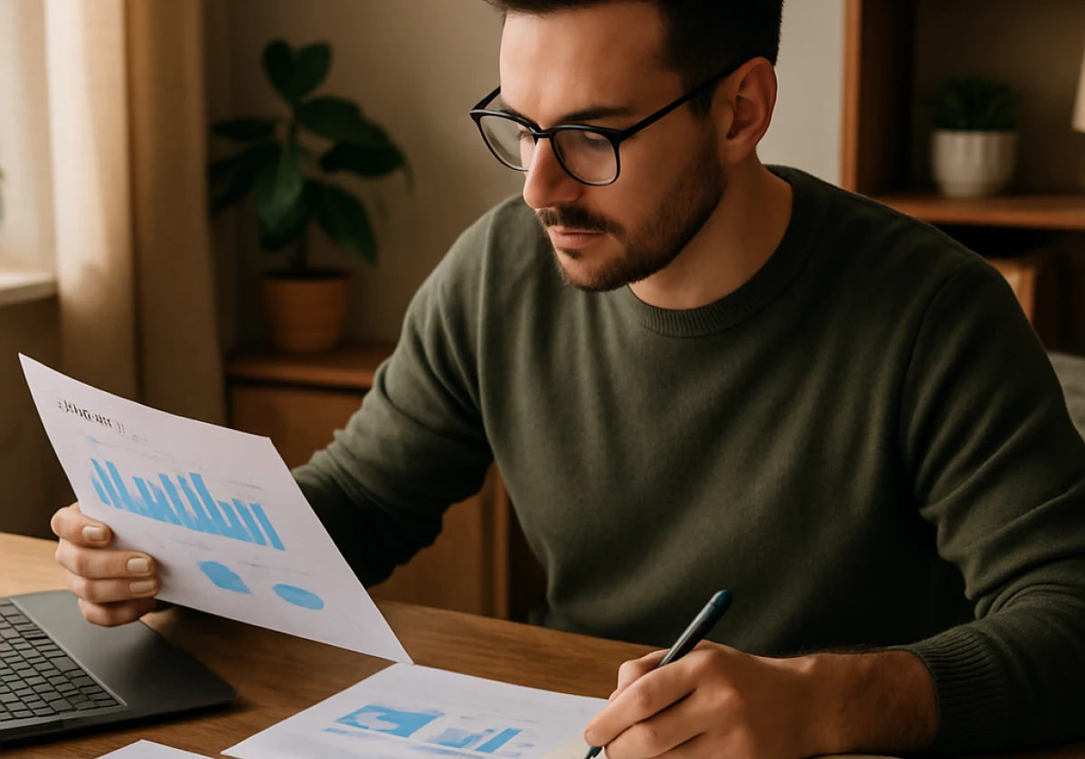 Content marketer working at a wooden desk in a home office