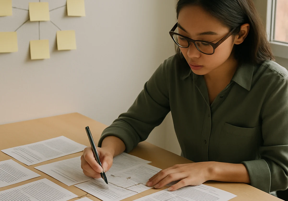 Content strategist at a desk with old printed blog articles spread