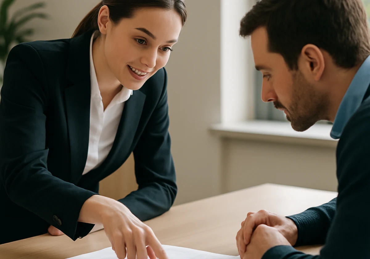 Receptionist in professional attire leaning across a light wood desk