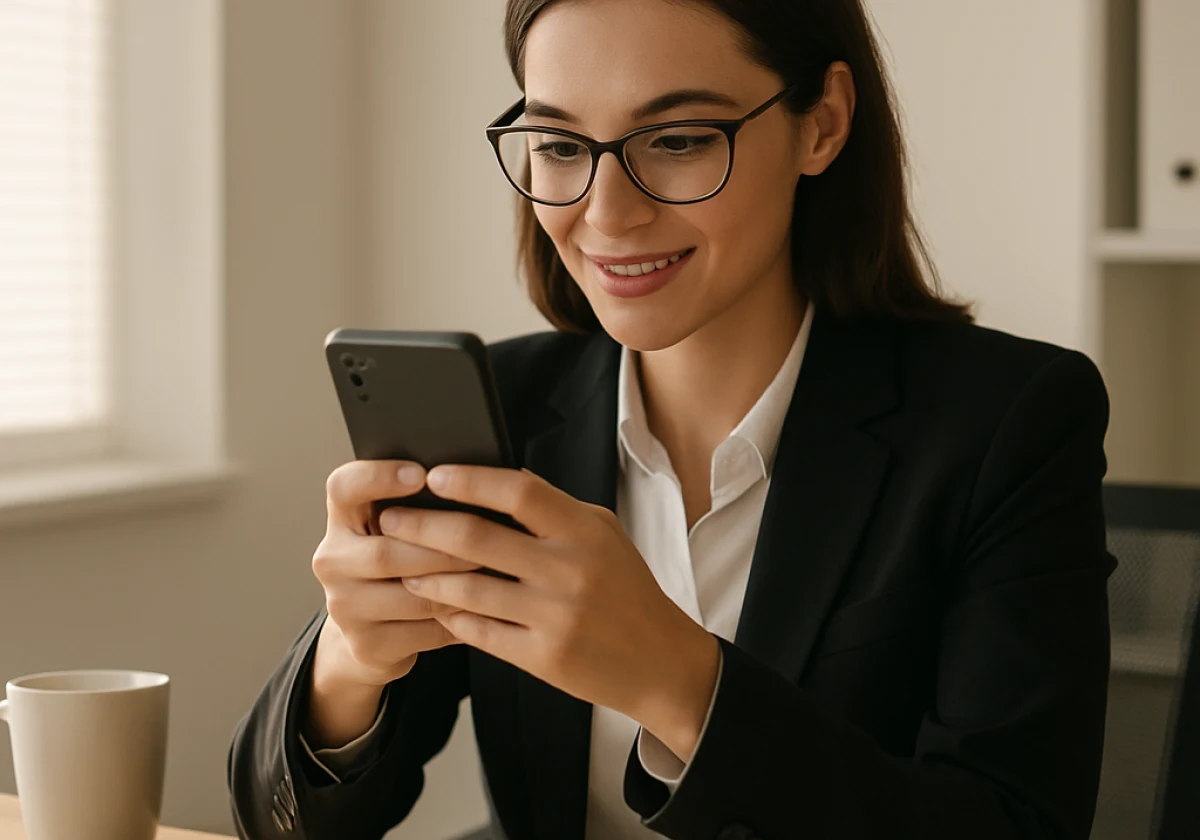 Woman in business attire sitting at a clean office desk